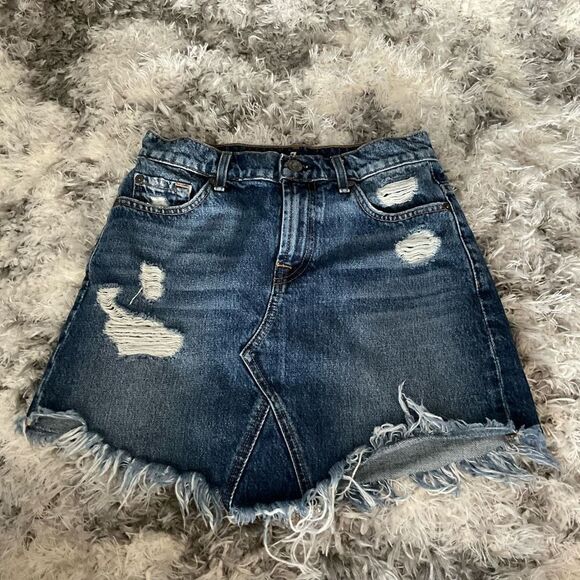 7 For All Mankind Denim Mini Skirt Jean Skirt Medium Wash Distressed Size 24 - Picture 2 of 7